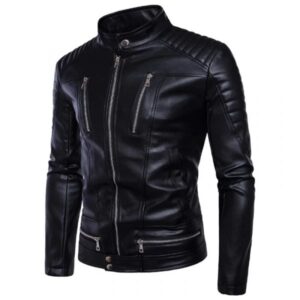Mens Padded Slim Fit Biker Leather Jacket