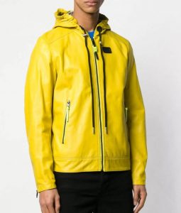 Mens Yellow Hooded Leather Jacket