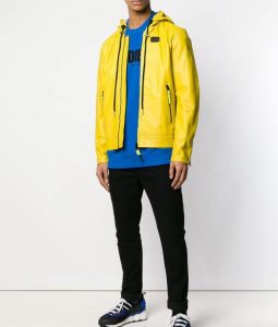 Mens Yellow Hooded Leather Jacket