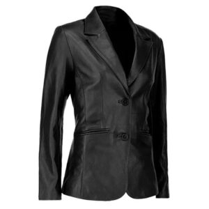 Two Buttoned Black Leather Blazer Womens