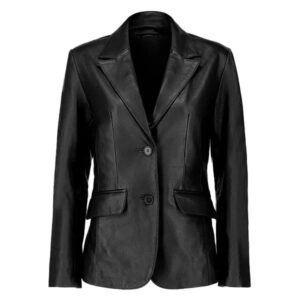 Two Buttoned Black Leather Blazer Womens