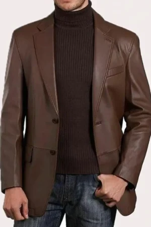 Two Button Leather Blazer Men’s Classic Brown