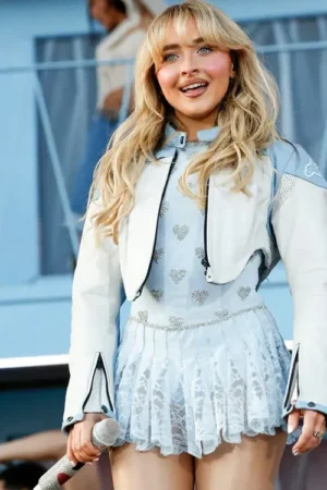 Sabrina Carpenter Coachella 2024 Moto Blue Leather Jacket