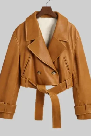 Maya Women’s Tan Cropped Leather Trench Coat