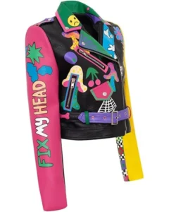 Women’s Graffiti Printed Cropped Leather Bikers Jacket