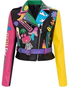 Women’s Graffiti Printed Cropped Leather Bikers Jacket