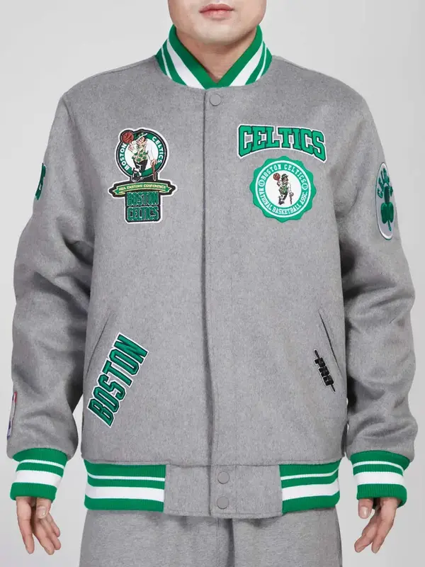 Boston Celtics Crest Emblem Heather Grey Varsity Wool Jacket