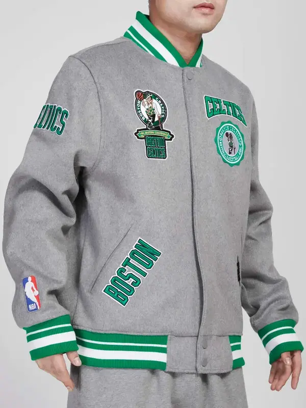 Boston Celtics Crest Emblem Heather Grey Varsity Wool Jacket