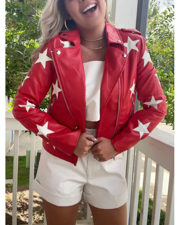 Battle Camp S01 Polly Brindle Red Star Print Leather Jacket