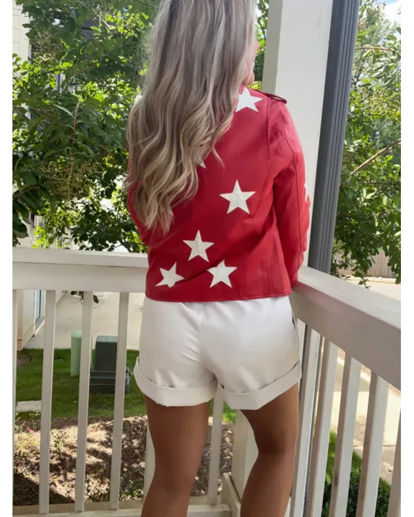 Battle Camp S01 Polly Brindle Red Star Print Leather Jacket