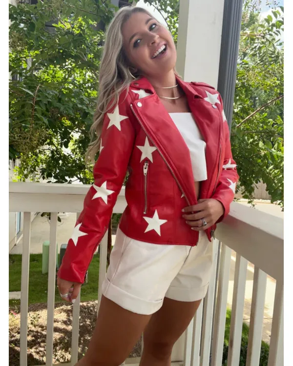 Battle Camp S01 Polly Brindle Red Star Print Leather Jacket