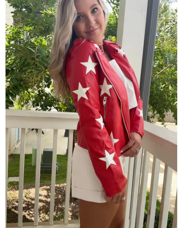 Battle Camp S01 Polly Brindle Red Star Print Leather Jacket