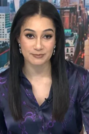 NBC News Daily 2025 Morgan Radford Purple Chain Print Shirt