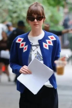 Materialists 2025 Dakota Johnson Blue Argyle Cardigan